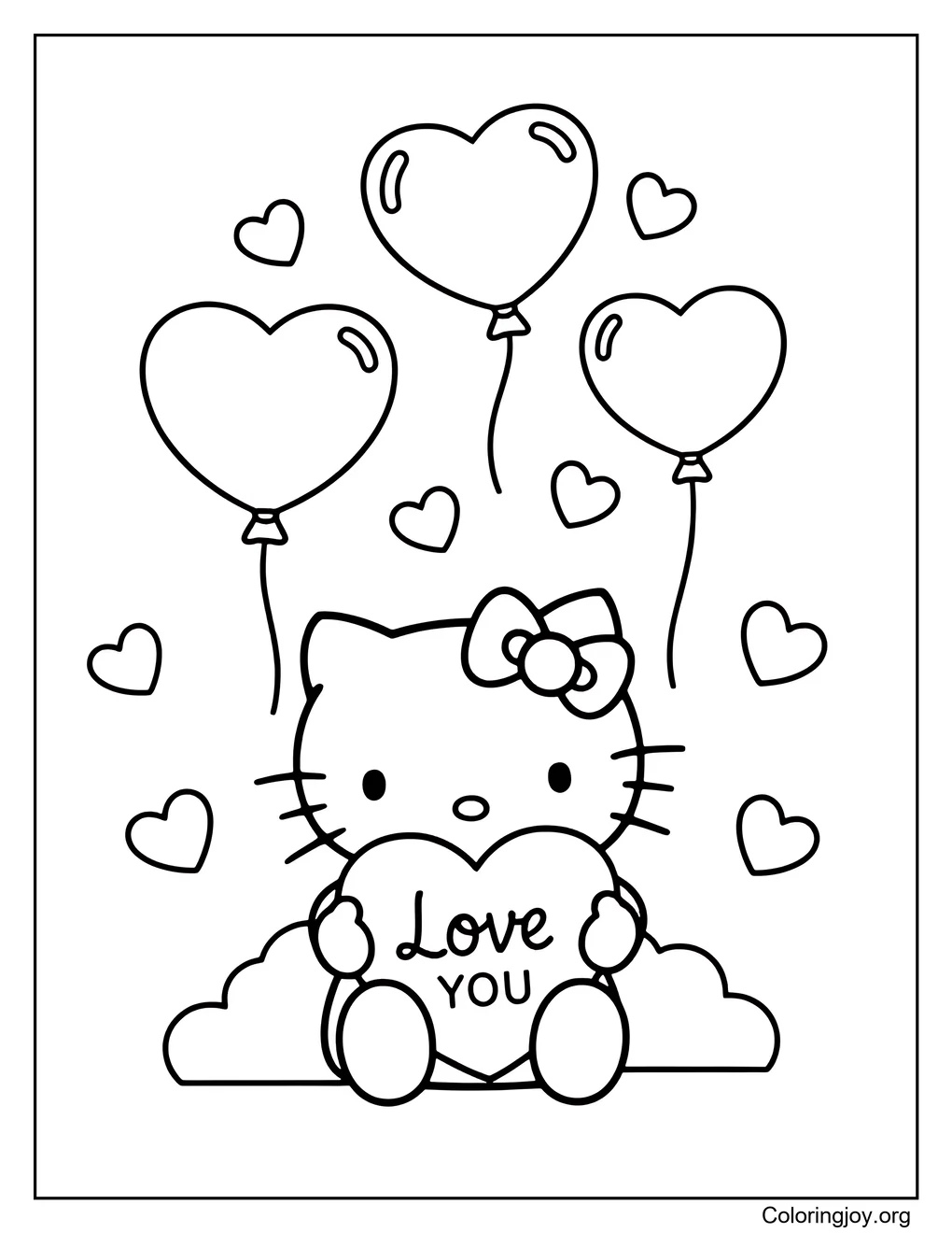 Hello Kitty con Te amo y Globos de corazón página para colorear