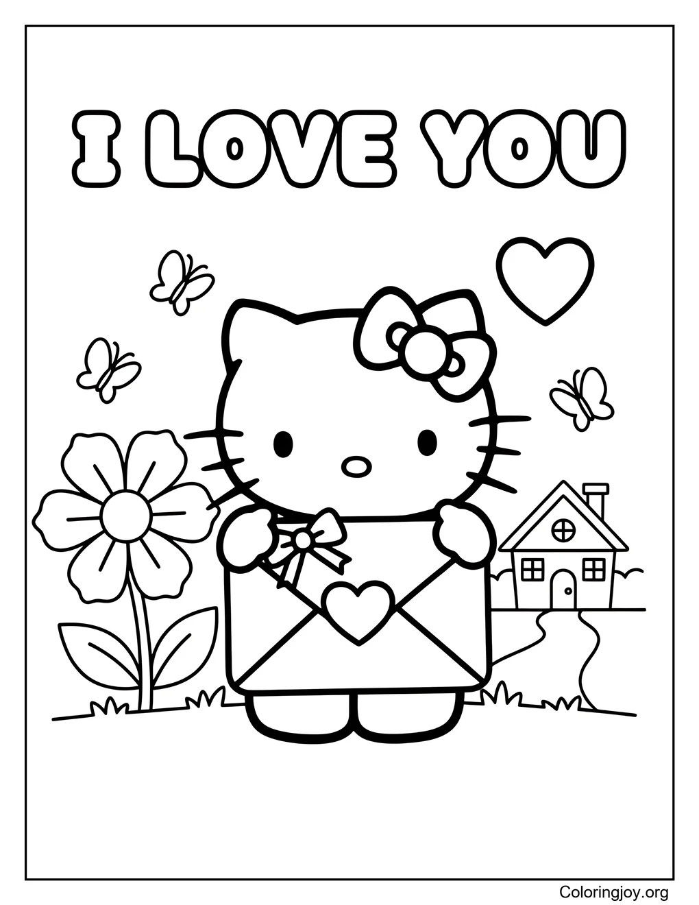 Hello Kitty sosteniendo una carta de amor página para colorear