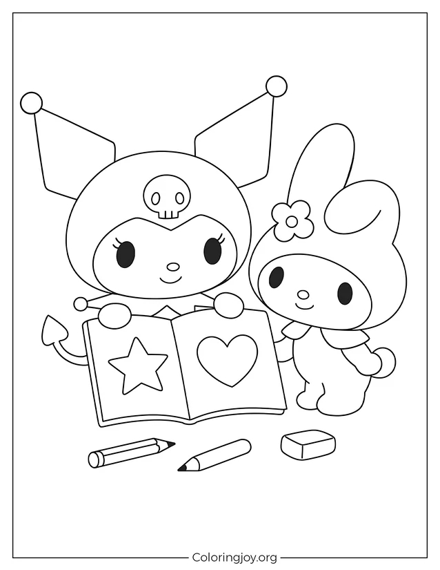 Entzückende Malvorlage von Kuromi, die My Melody ihr geheimes Skizzenbuch mit Sternen und Herzen darin zeigt.
