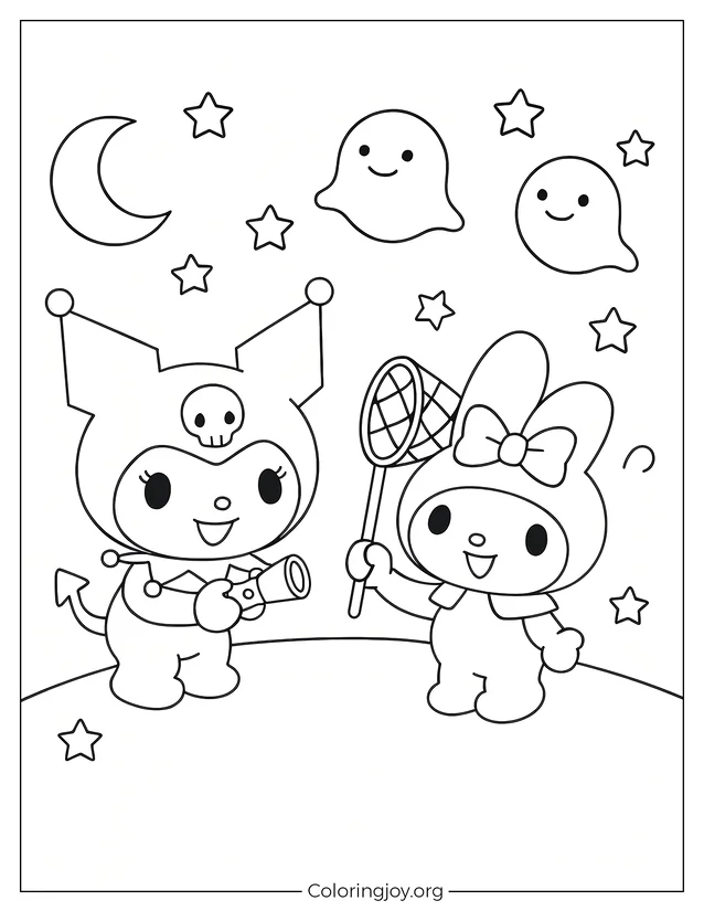 Kuromi und My Melody suchen in einer gruseligen Nacht nach süßen Geistern.