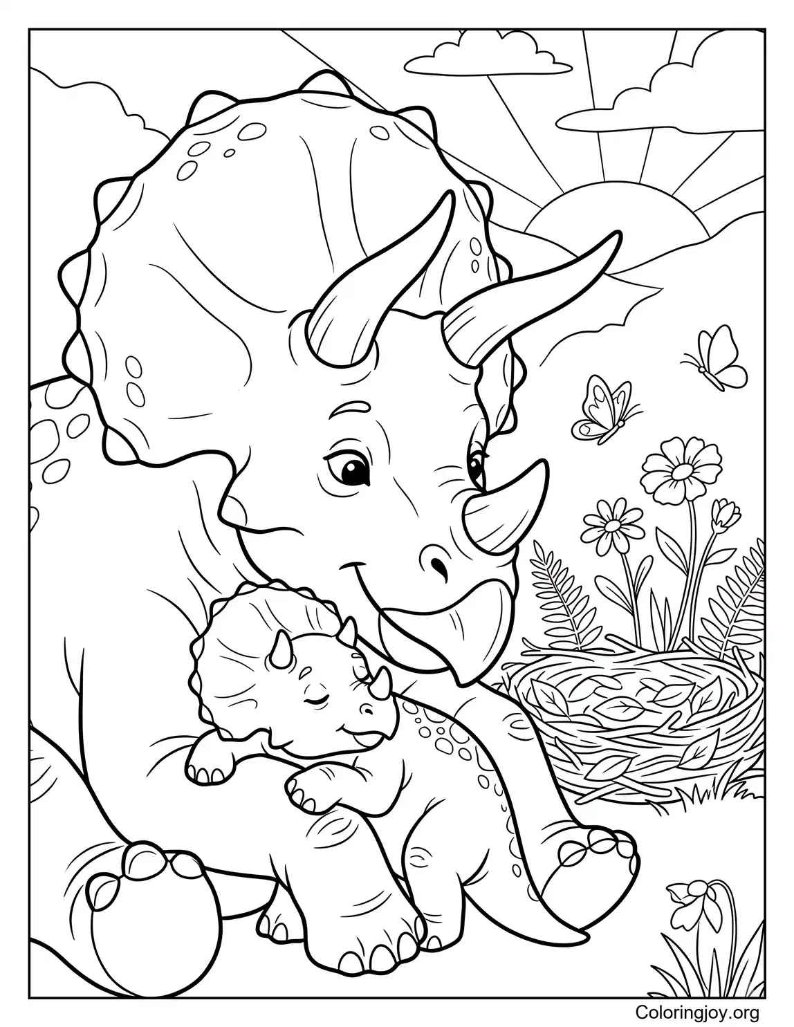 Triceratops Mom and Baby Cuddling Coloring Sheet