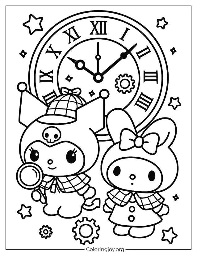 Lustige Malvorlage von My Melody und Kuromi, die als Detektive verkleidet sind und eine riesige Uhr hinter sich haben.