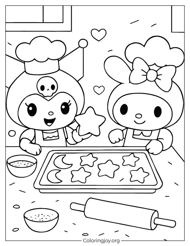 Kuromi und My Melody backen gemeinsam Stern- und Mondkekse.