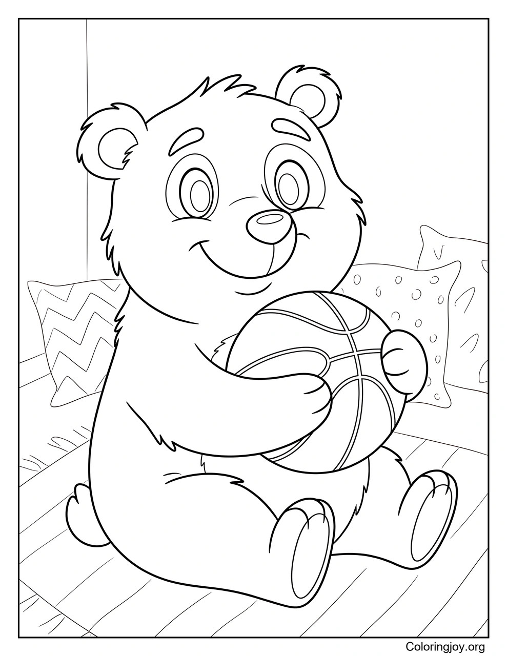 A friendly bear dribbles a basketball across the court.