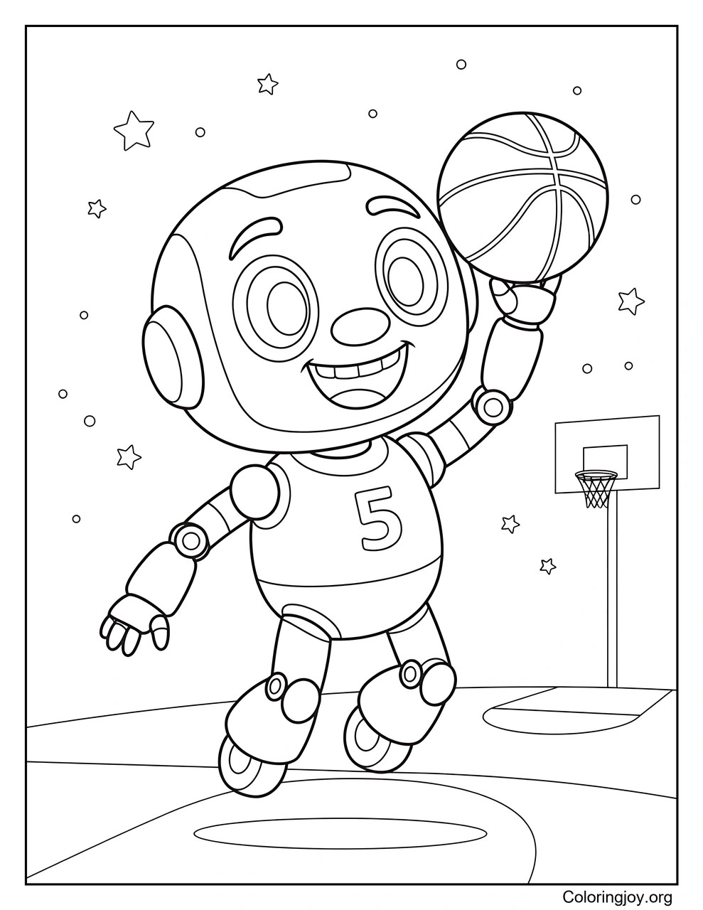 A futuristic robot dribbles and shoots a basketball.