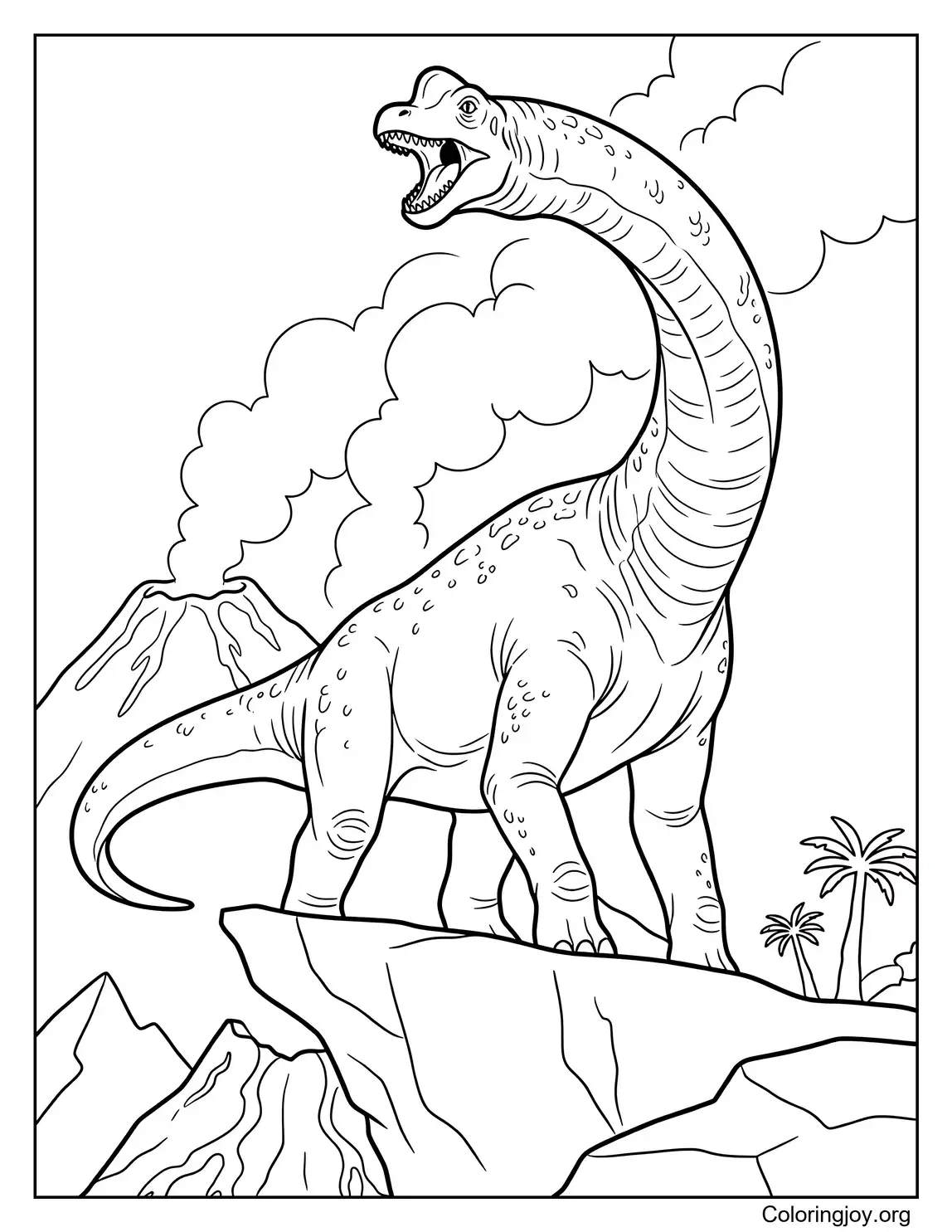 Brachiosaurus Roaring on a Volcano Cliff