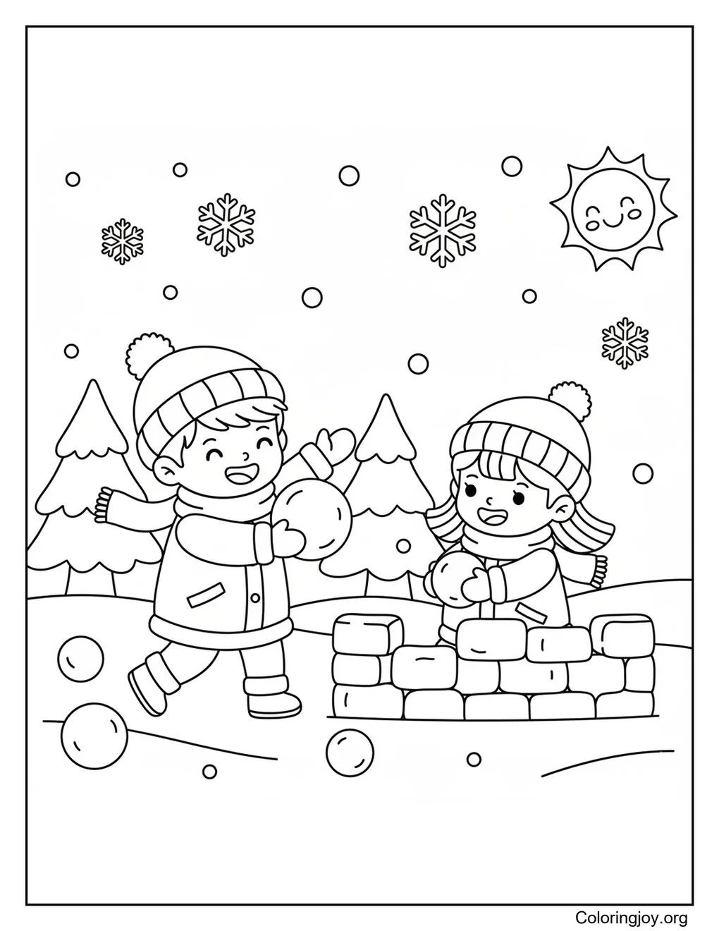 Lucha con bolas de nieve página para colorear