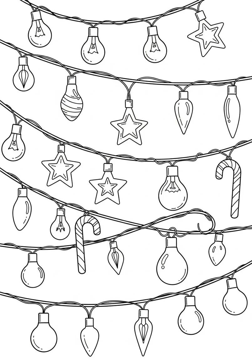 Intricate Christmas Lights and Candy Cane Bulbs Coloring Page