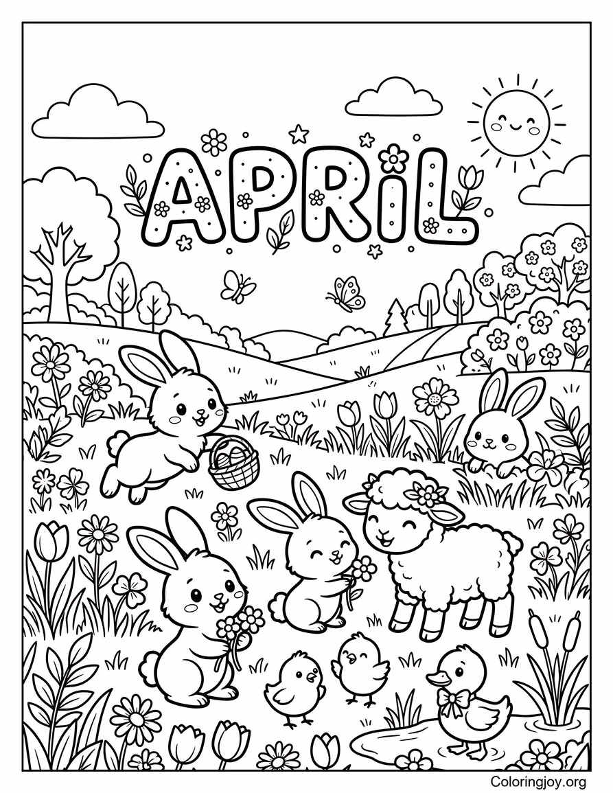Animales bebés en la pradera de abril
