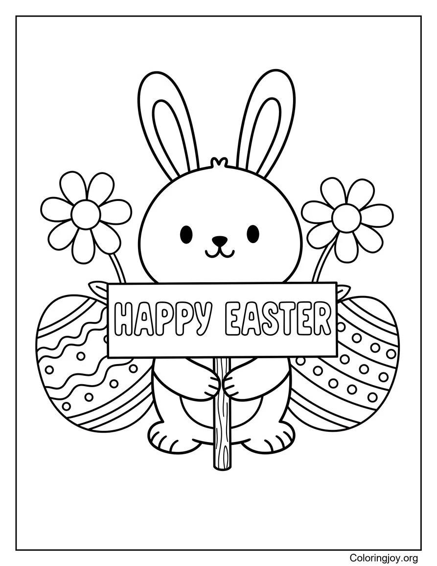 Cute Printable bunny holding a Happy Easter sign