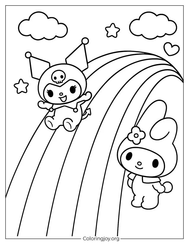Viel Spaß beim Ausmalen von Kuromi, die mit My Melody in der Nähe einen großen Regenbogen hinunterrutscht, umgeben von flauschigen Wolken, Sternen und Herzen.