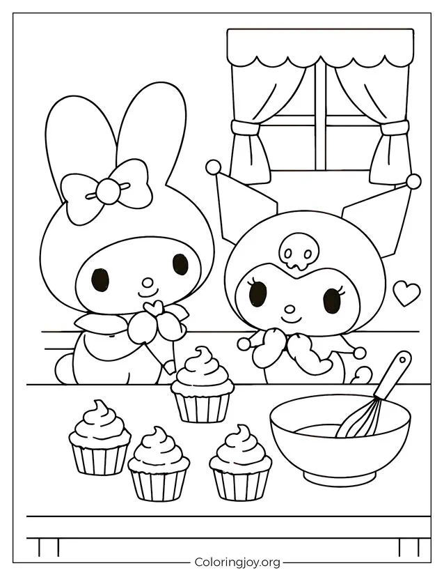 Color My Melody und Kuromi backen gemeinsam Cupcakes in einer süßen Küchenszene mit Cupcakes, einer Rührschüssel und Herzdekorationen.