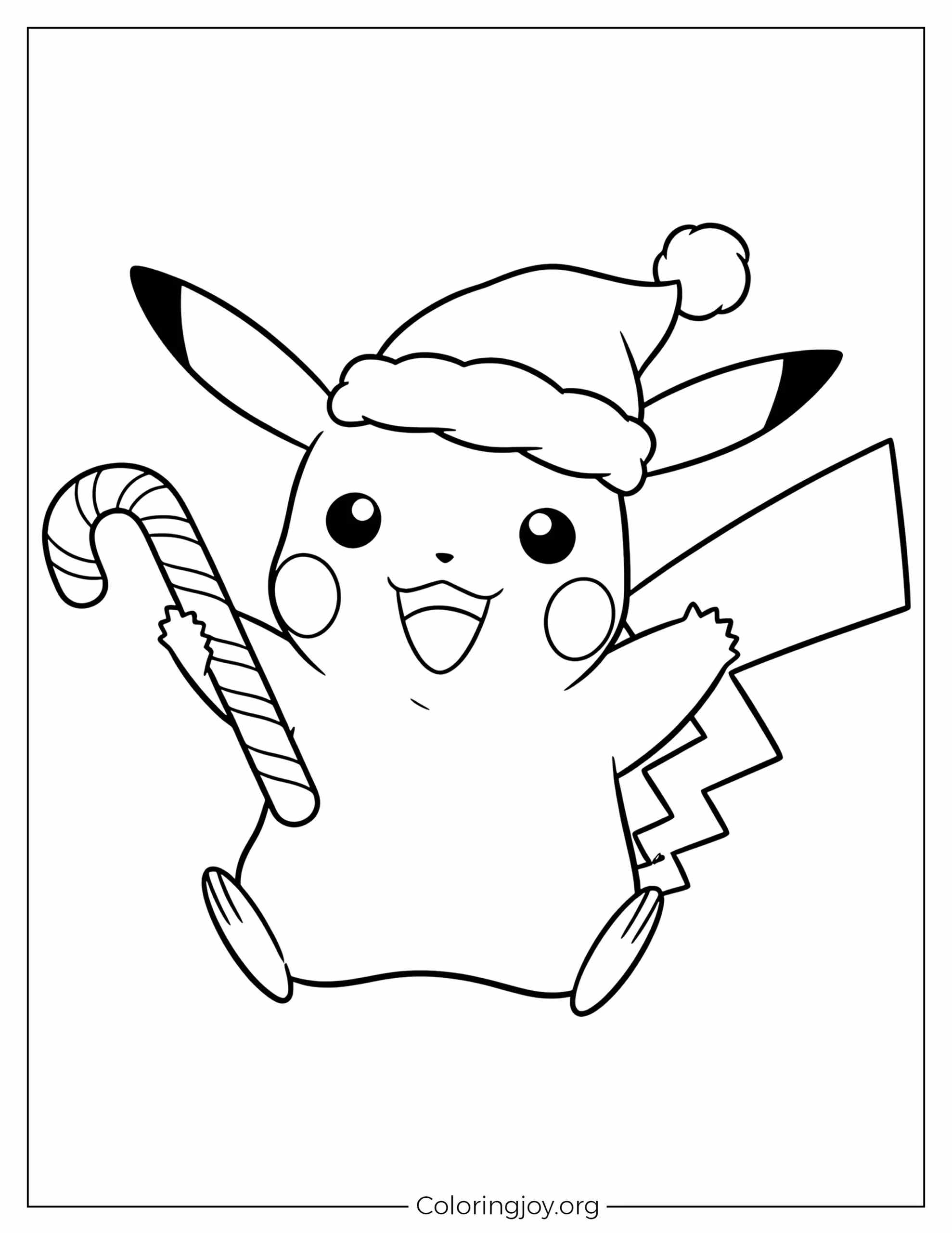 Pikachu with Santa Hat and Candy Cane Christmas Coloring Page