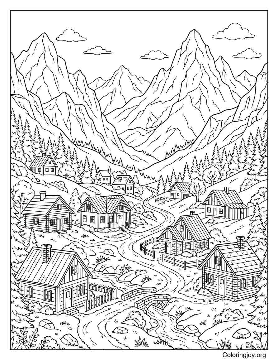 Mountain Village Life coloring page