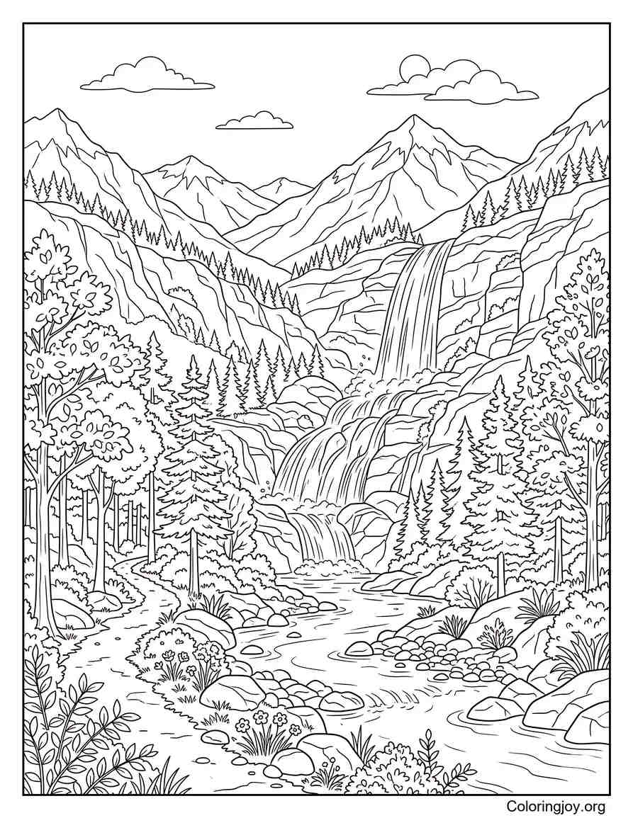 Mountain Waterfall Nature coloring page