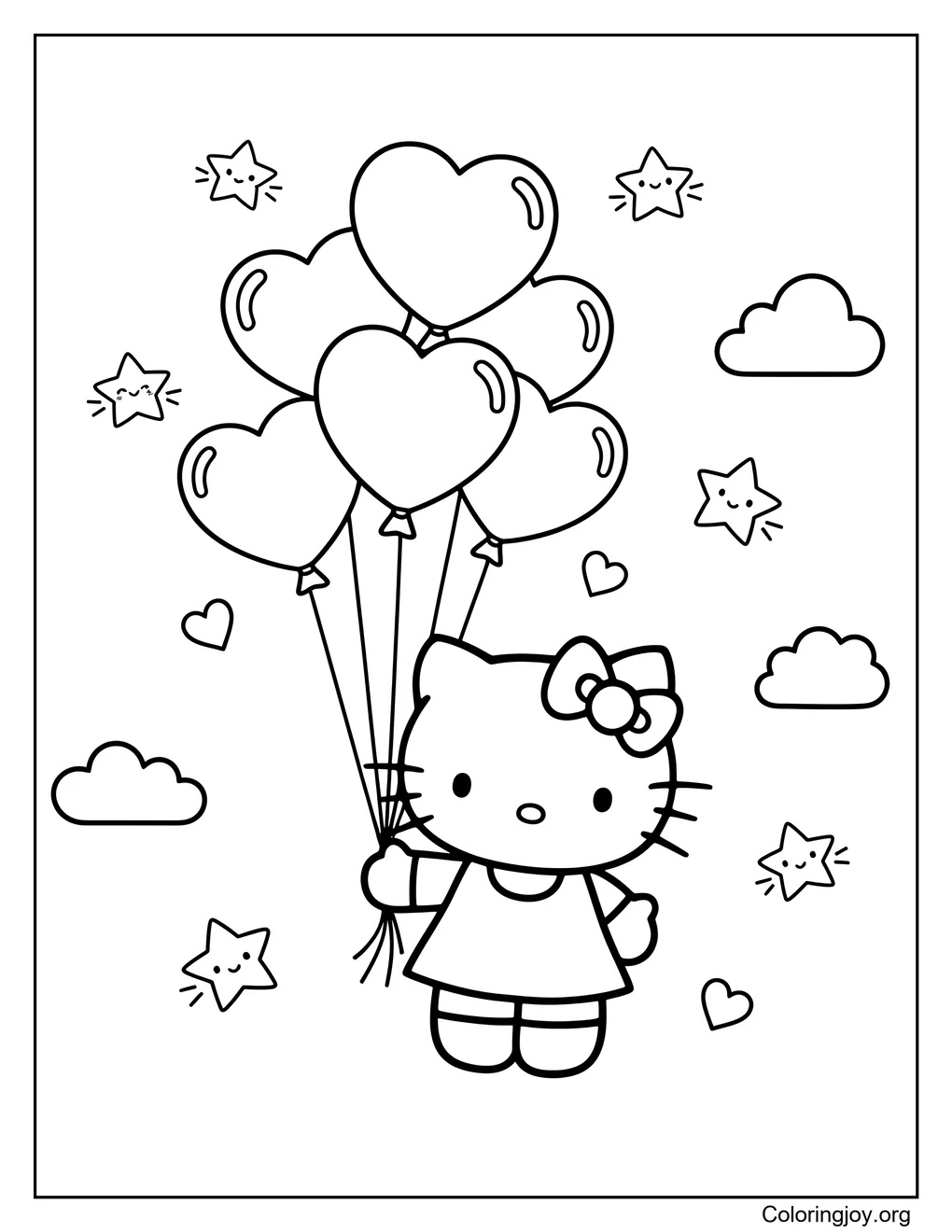 Hello Kitty con Globos de Corazón página para colorear