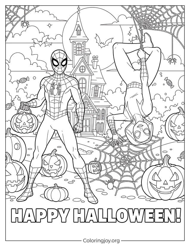 de Halloween del Hombre Araña y la Araña Fantasma página para colorear