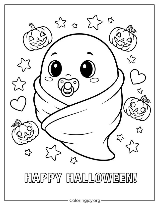lindo bebé fantasma con chupete y manta página para colorear