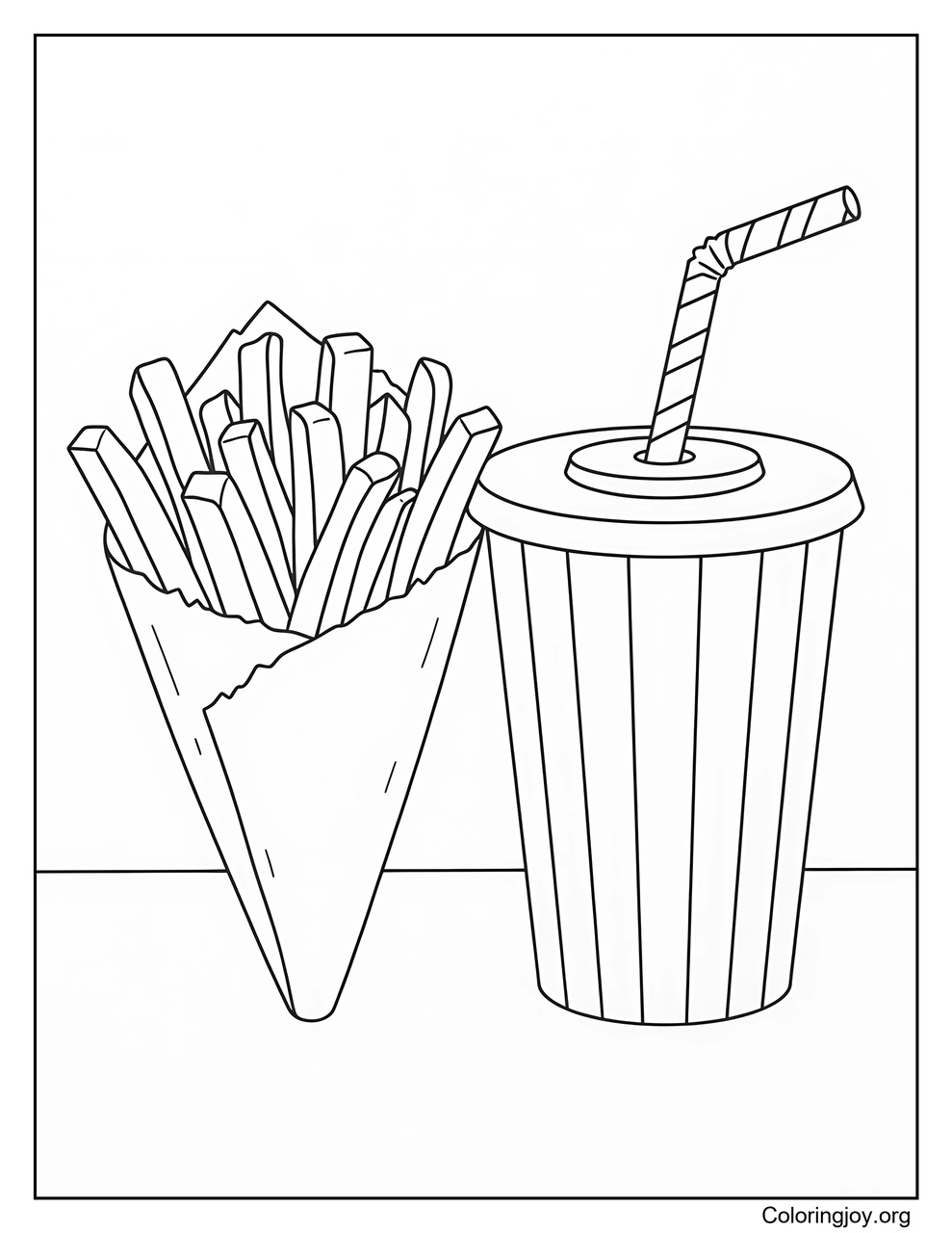 Over by the fries sits a cold soda cup.