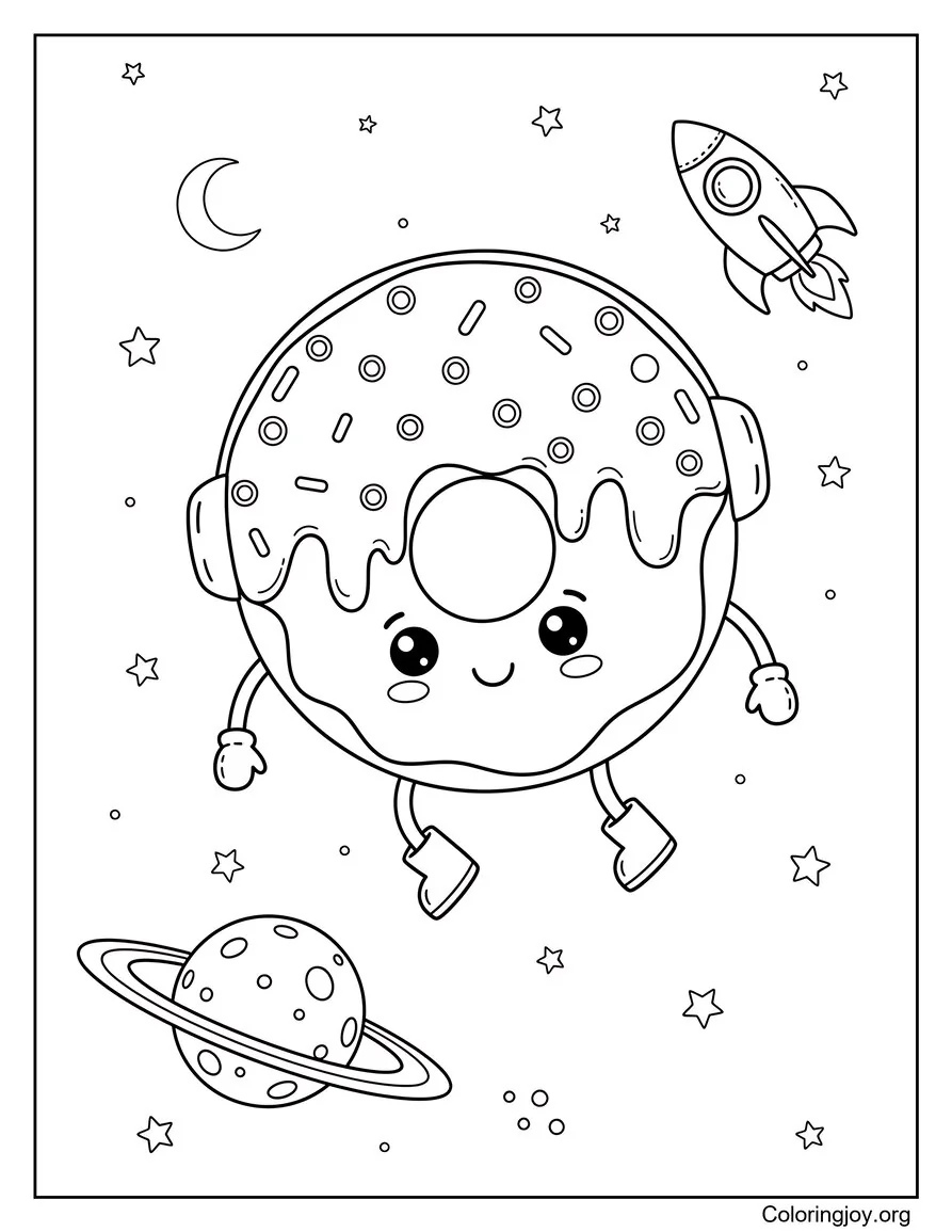 Here a donut astronaut floats among stars and tiny planets.
