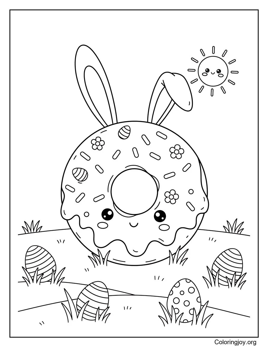 This Easter bunny donut sits with ears and egg-shaped sprinkles.