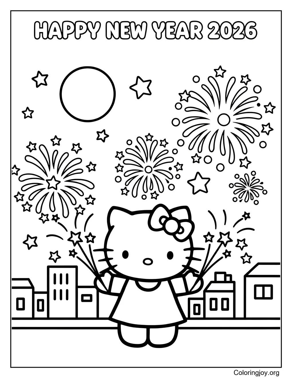 coloring sheet of Hello Kitty New Year coloring page