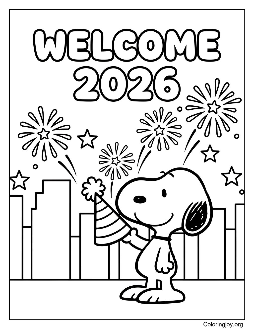 Snoopy New Year coloring page
