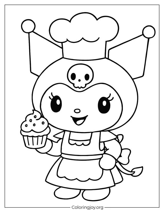 Kuromi trägt ein Bäckerkostüm mit Kochmütze und hält einen Cupcake in der Hand.