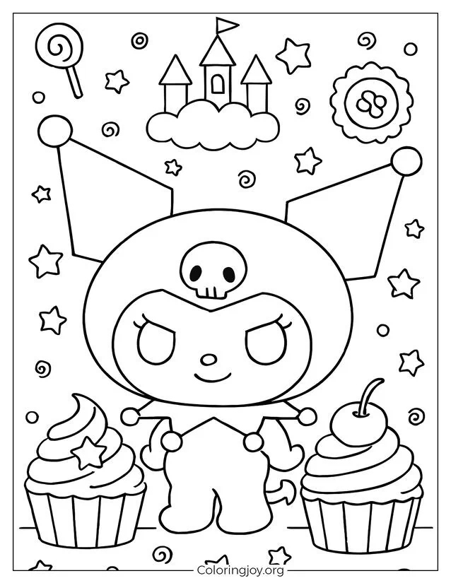 Kuromi in einer skurrilen Cupcake-Fabrik voller Süßigkeiten, schwebender Dekorationen und Kawaii-Anhänger – perfekt für Malspaß!