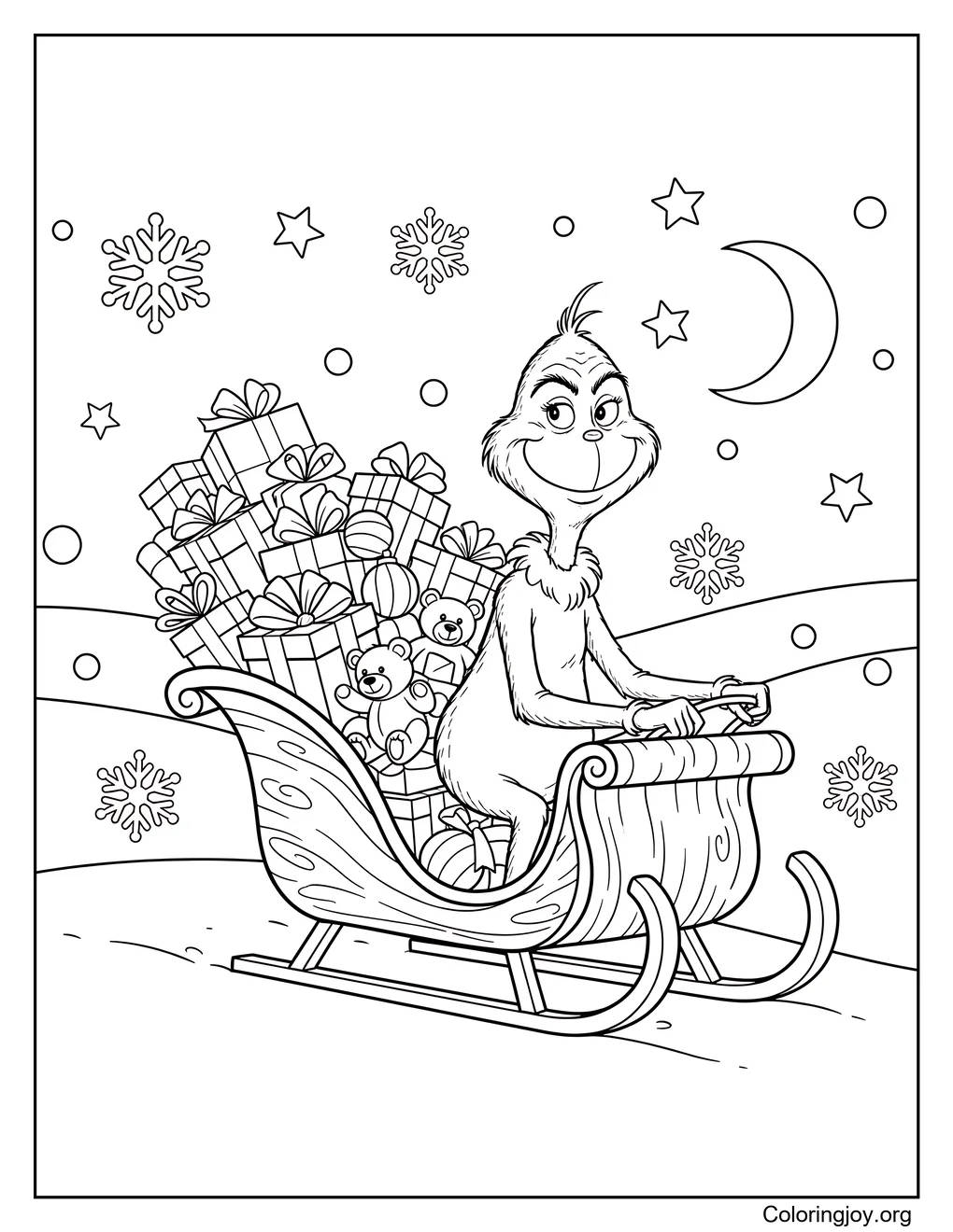 grinch driving his sleigh full of gifts
