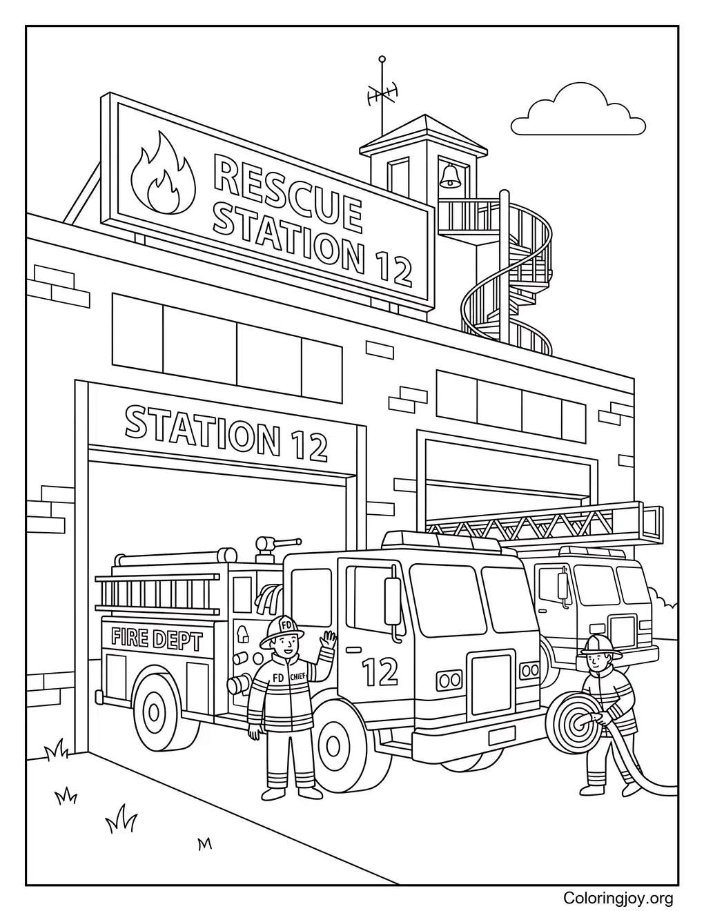 Coloriage d'une station de secours avec un gros camion de pompiers