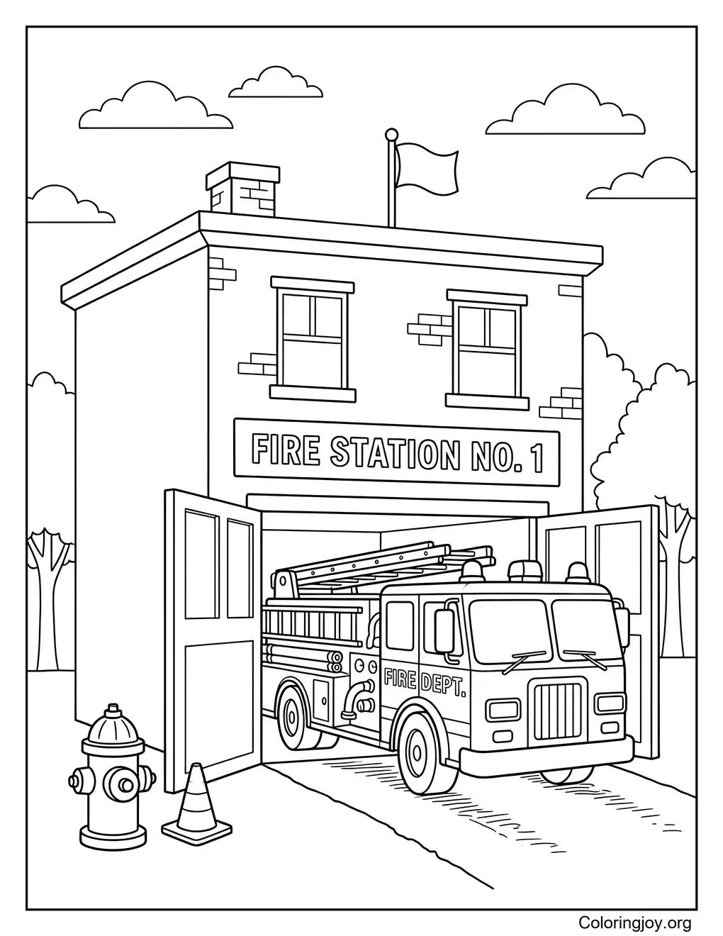 Coloriage de la caserne des camions de pompiers