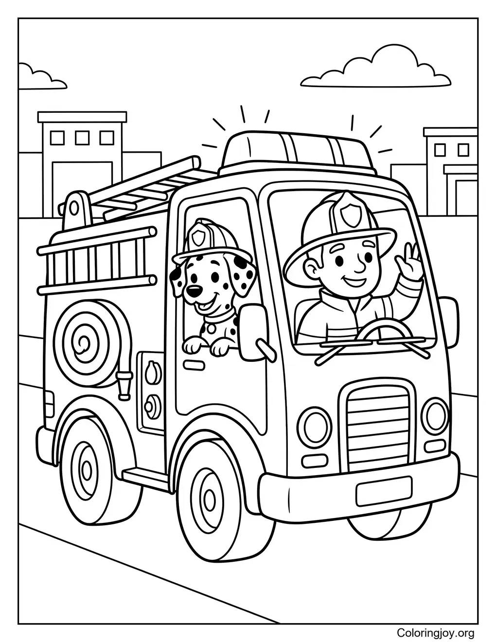 Coloriage camion de pompier avec chien