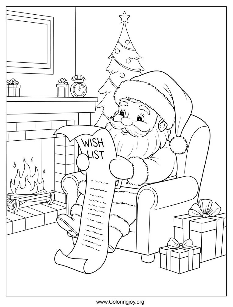 Cute Santa Claus Reading Wish List Coloring Page