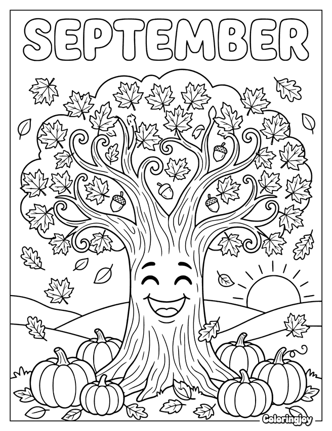 September Leaves and Acorns Coloring Page