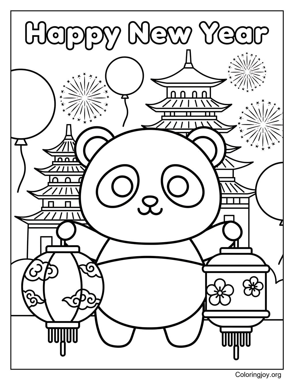 Panda New Year cute color sheet for kids coloring page