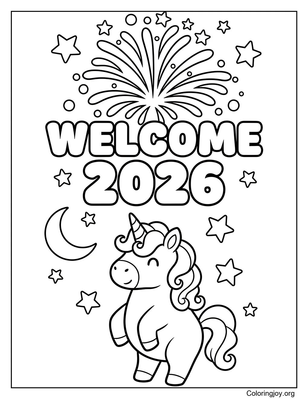of Unicorn New Year magical coloring page