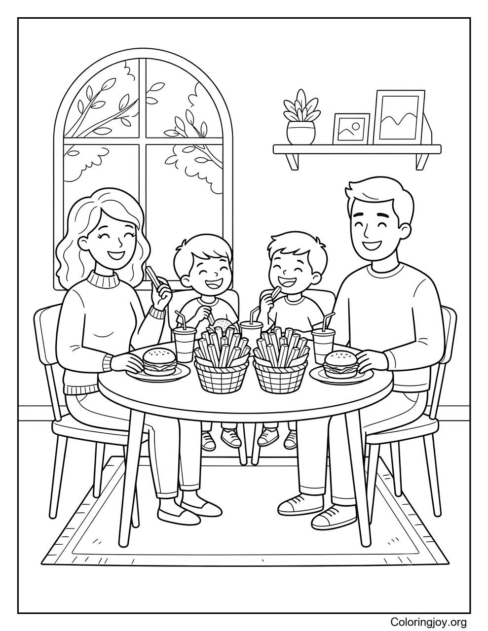 The whole family is enjoying warm baskets of fries together.