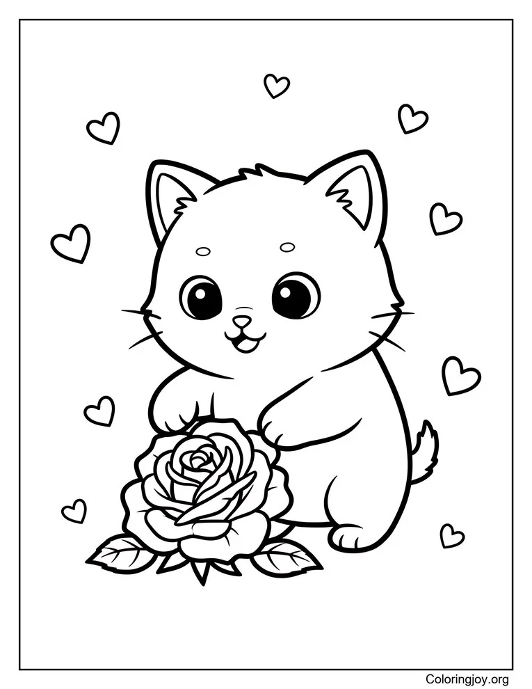 Kitten Playing With A Fallen Rose Coloring Page
