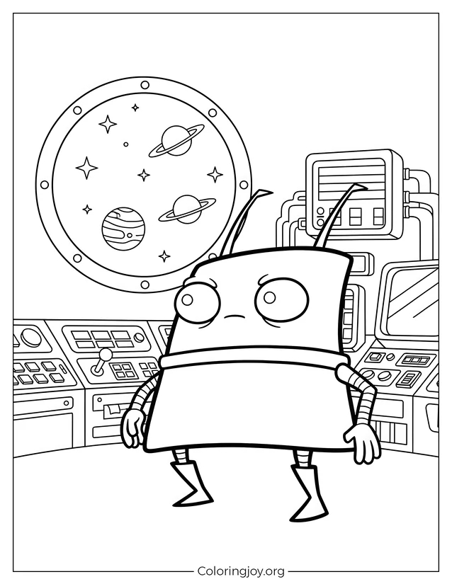 Página para colorear de Skoodge con paneles de nave espacial