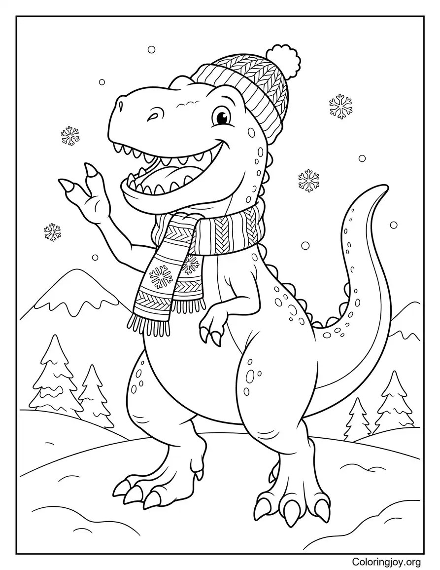 Snowy Mountains T-Rex Winter coloring page