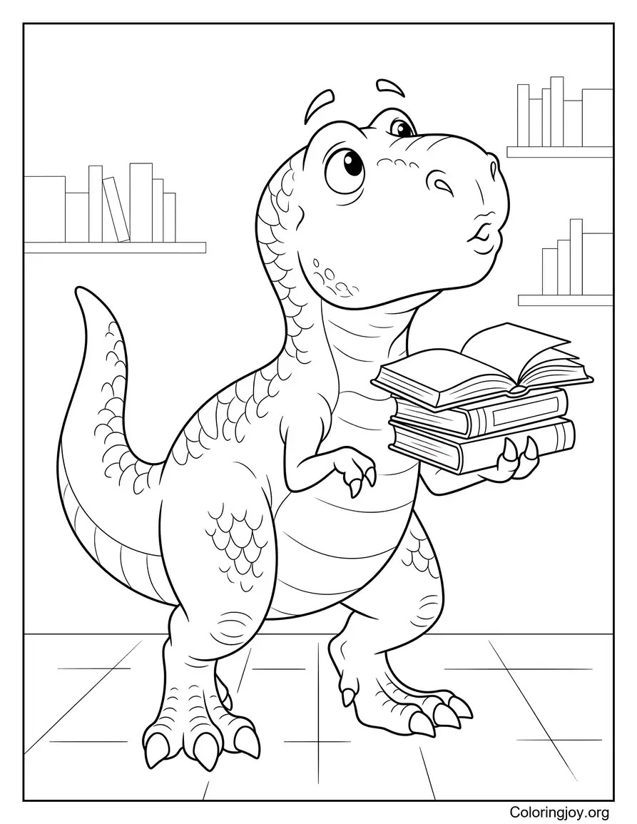 Reading Books in Library T-Rex Coloring Sheet coloring page