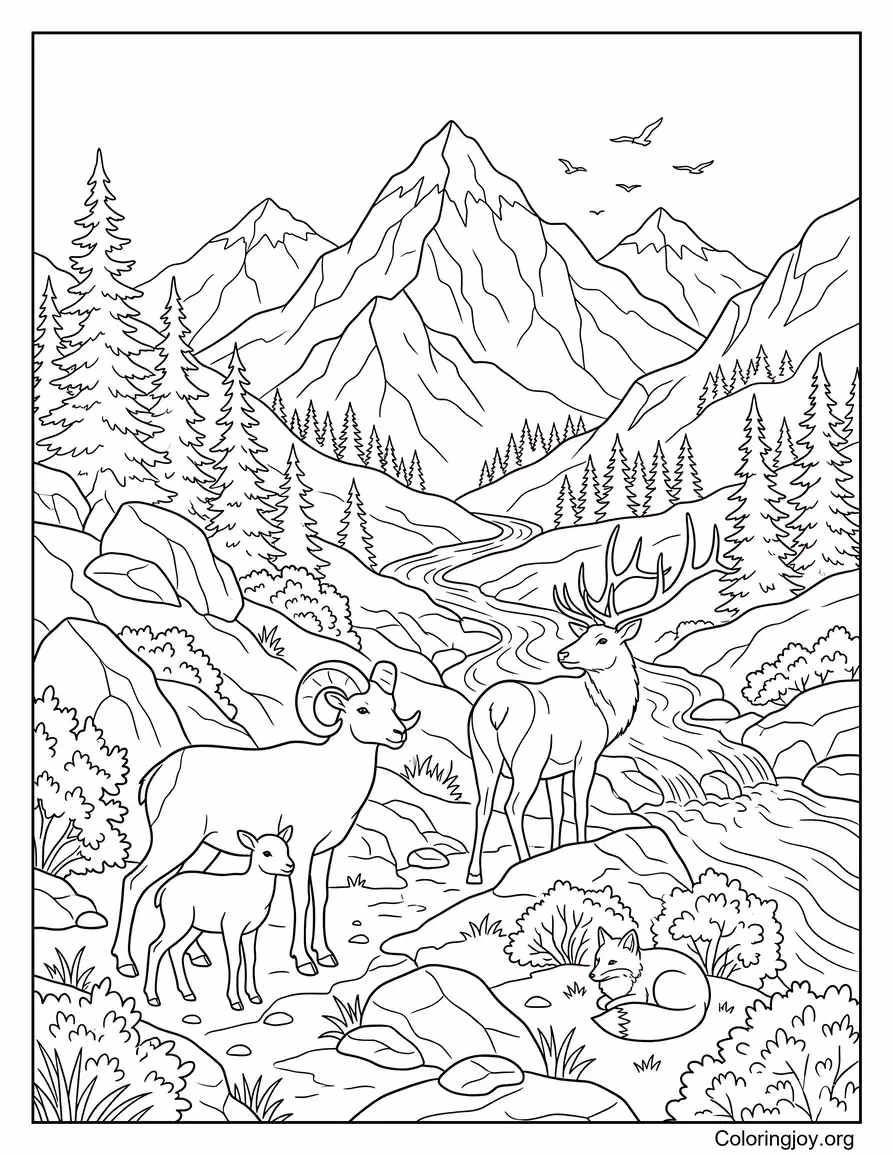 Mountain Wildlife Animal Scene coloring page