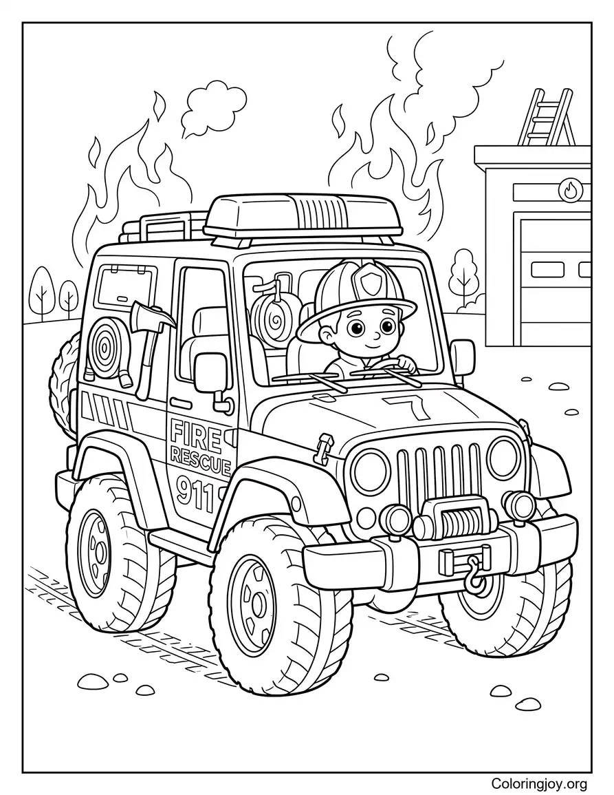 Fire Rescue Jeep in Action coloring page