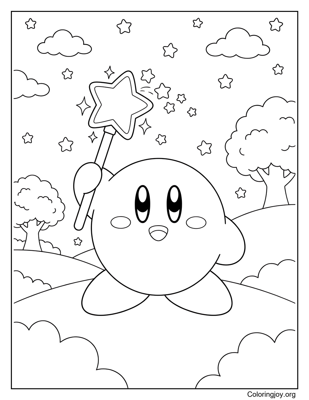 Kirby Holding the Star Rod coloring page
