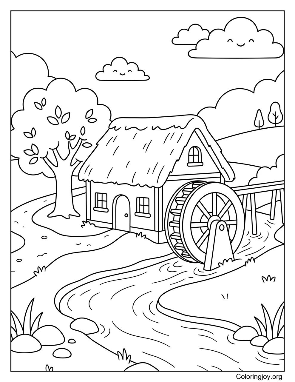 Eine Wassermühle dreht sich mit fließendem Wasser.