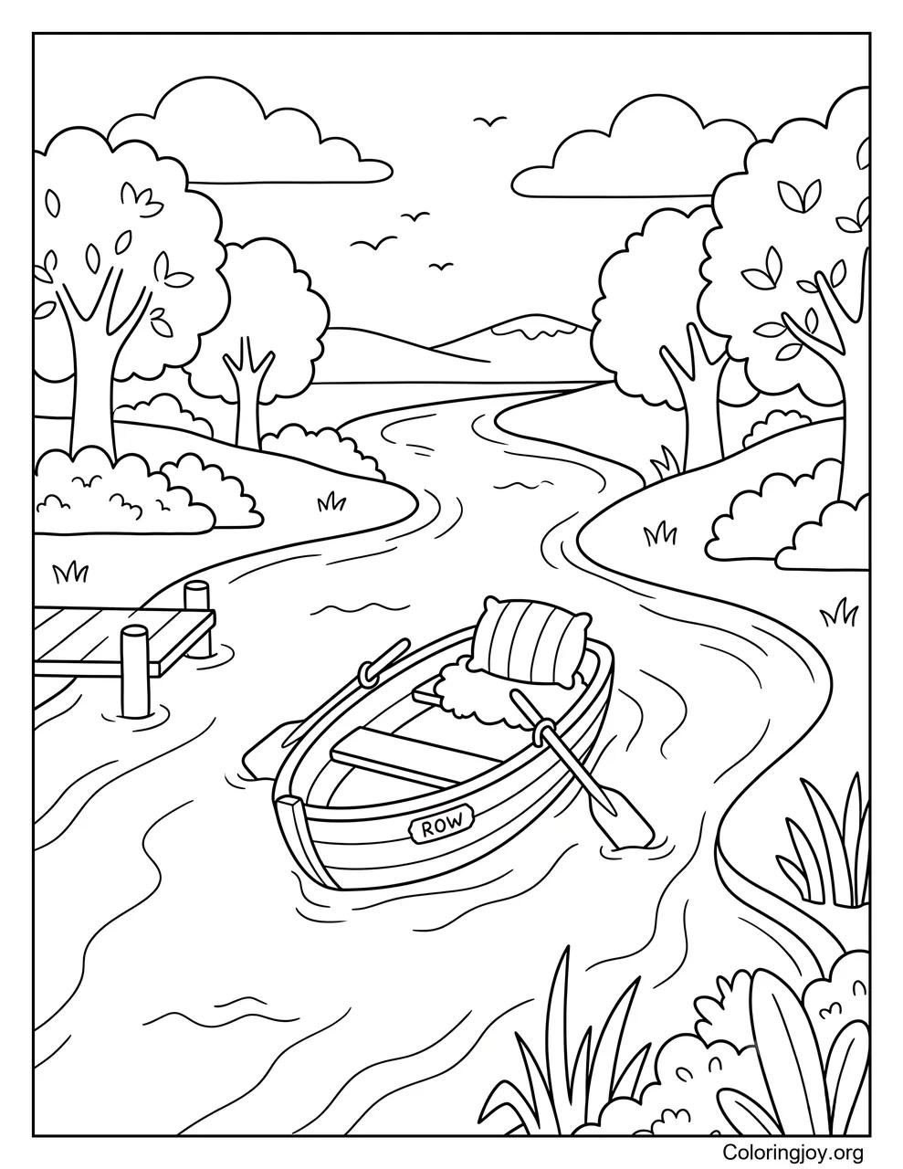 Ein Ruderboot treibt einen Fluss entlang.