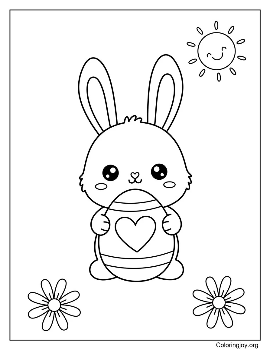 Página fácil para colorear de conejito de Pascua con huevo de corazón página para colorear