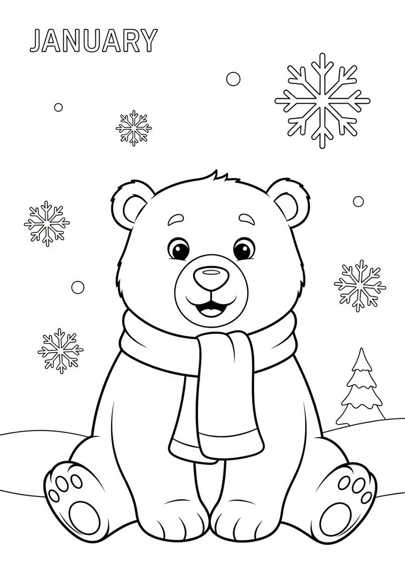 Página para colorear de escena invernal del amigable oso polar gordito