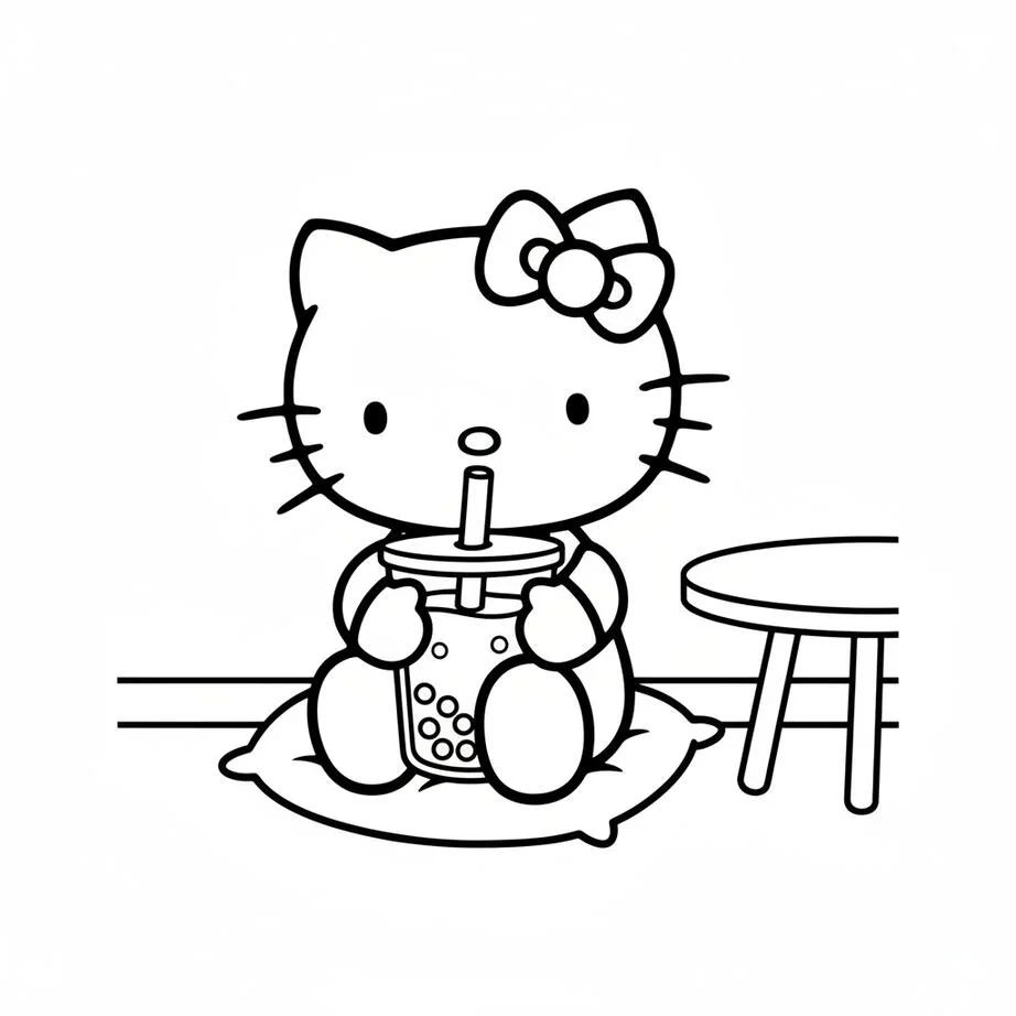 Hello Kitty Bebiendo té de Boba Página para colorear